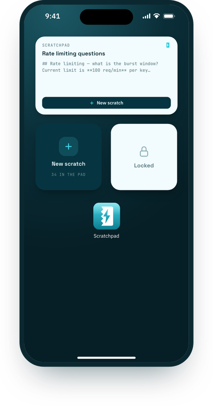 The iPhone Home Screen with the Markdown Scratchpad widgets: a medium widget showing the top scratch and a small one that starts a new scratch.